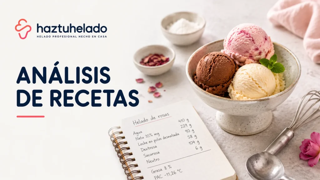 Bol con tres bolas de helado junto a un cuaderno con la formula de un helado de rosas en gramos