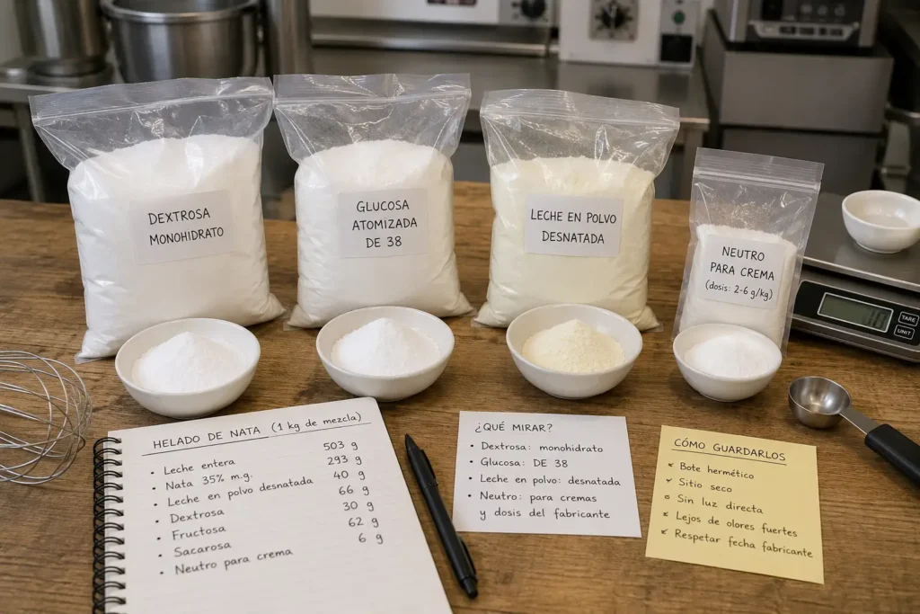 Bolsas de dextrosa, glucosa atomizada, leche en polvo desnatada y neutro para crema sobre una mesa de obrador, con cuencos de cada polvo, una báscula y un cuaderno con una receta de helado de nata