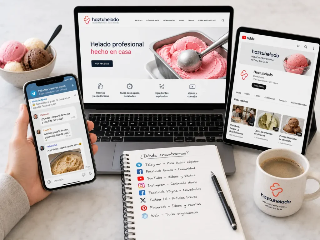 Portátil con la web de haztuhelado, tablet con el canal de YouTube, móvil con el grupo de Telegram y un cuaderno con la lista de redes sociales