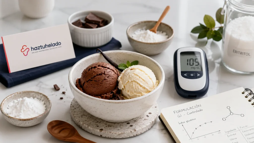Helado casero de chocolate y vainilla en un cuenco, junto a un glucómetro, un bote de eritritol y un cuaderno con notas de formulación e índice glucémico