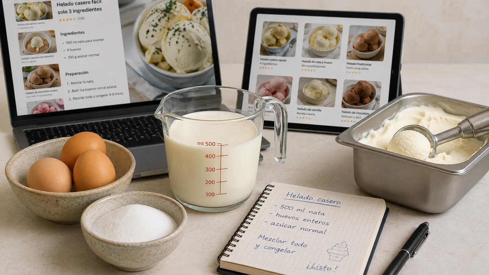 Portatil y tableta con recetas de helado casero de internet, junto a nata, huevos, azucar y un cuaderno con la receta apuntada