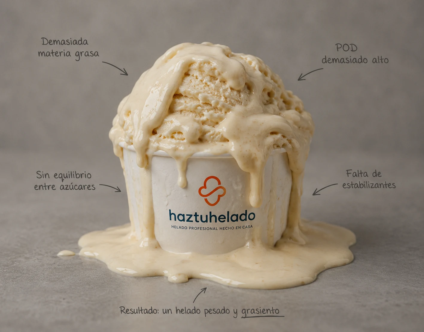 Tarrina de helado casero derretida y desbordada, senalada con los cuatro fallos: demasiada materia grasa, POD demasiado alto, sin equilibrio entre azucares y falta de estabilizantes