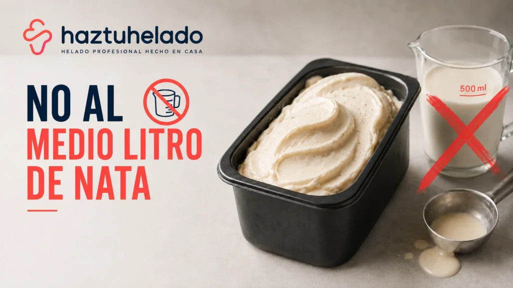 Tarrina de helado casero junto a una jarra de leche y medio litro de nata tachado con una cruz roja