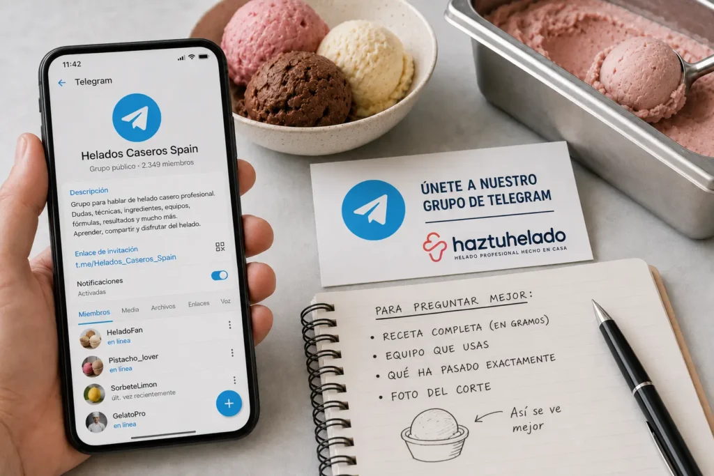 Movil mostrando el grupo de Telegram Helados Caseros Spain junto a una cubeta de helado