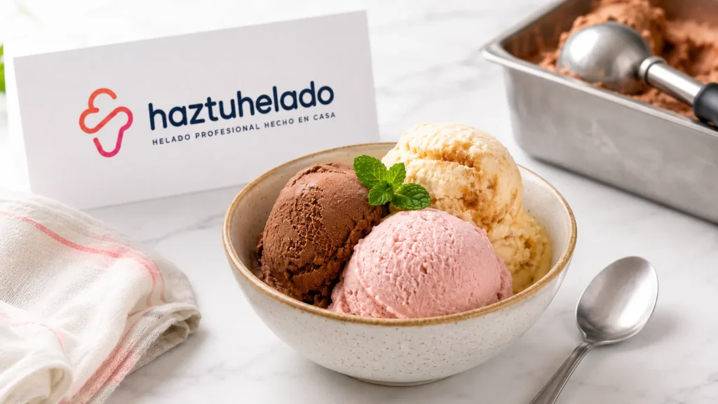 Tres bolas de helado casero —chocolate, fresa y vainilla— en un cuenco, con una cubeta de helado de chocolate y el logo de haztuhelado al fondo