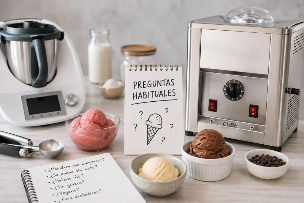 Heladera Cube, robot de cocina y cuencos de helado de fresa, vainilla y chocolate junto a dos cuadernos con las preguntas más habituales sobre helado casero