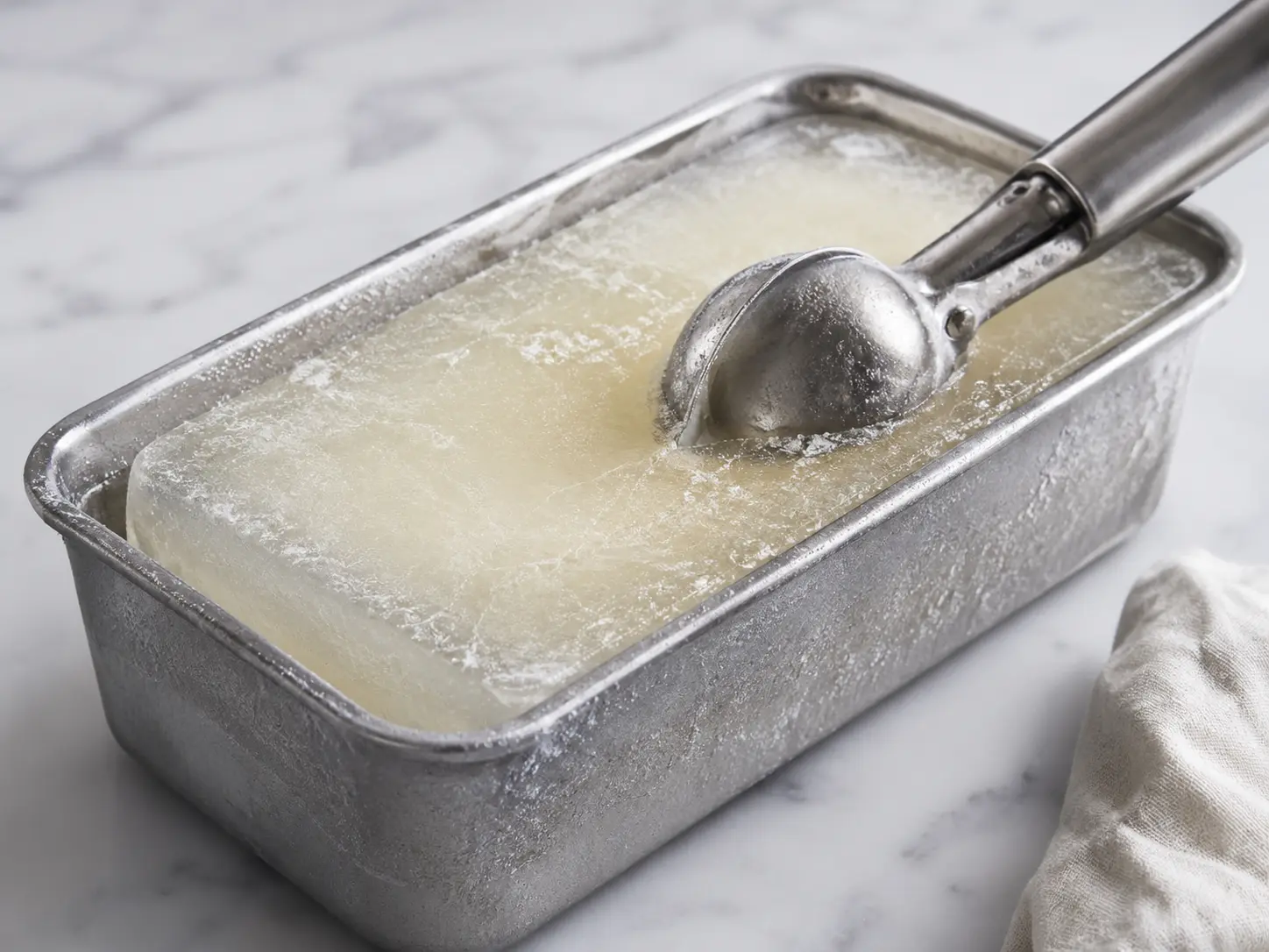 Cubeta metalica con helado cristalizado y una cuchara de bolas resbalando por la superficie sin poder hundirse