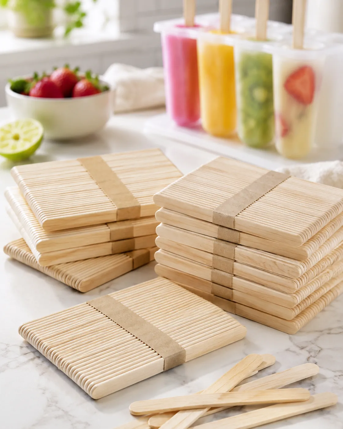 Palitos de madera de abedul junto a moldes de polo