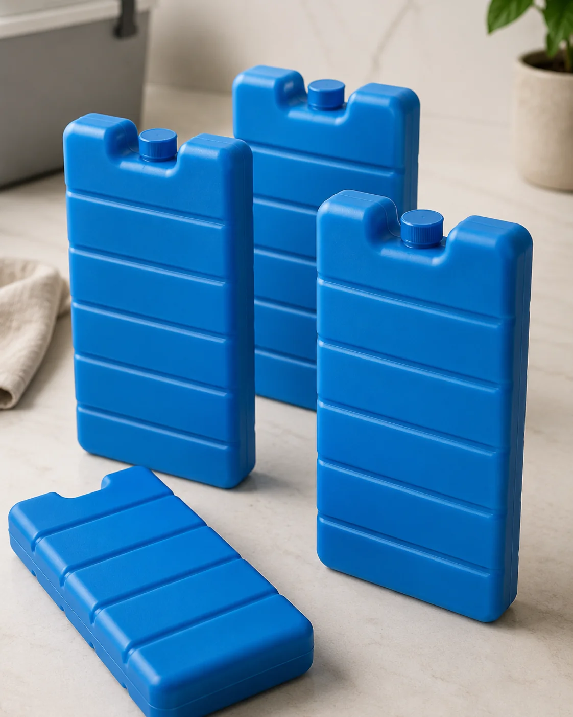 Placas de frío azules apiladas junto a una tarrina de helado