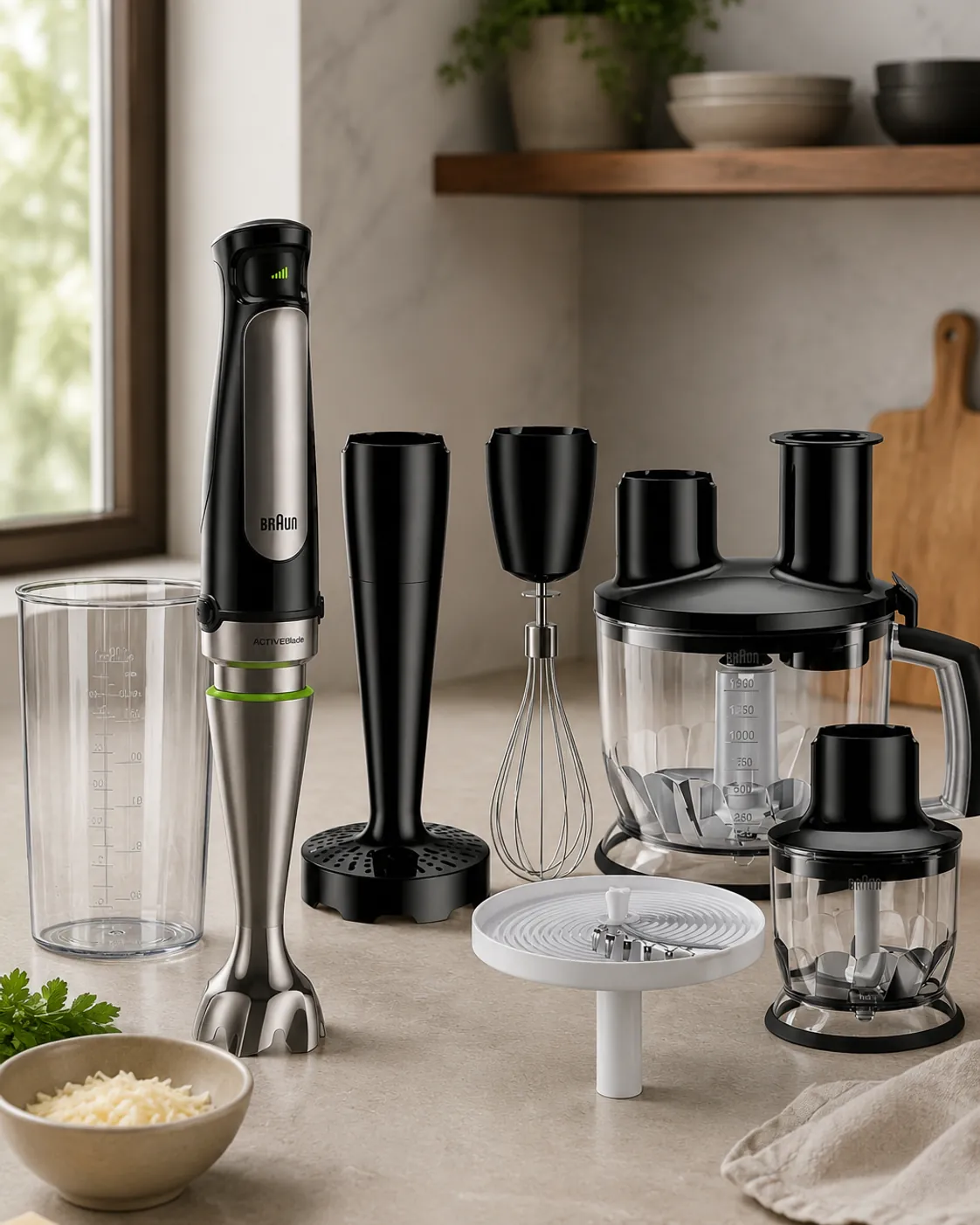Túrmix de brazo con sus accesorios sobre la encimera de la cocina