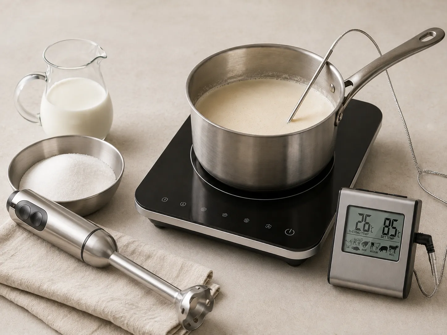 Eismasse beim Pasteurisieren im Topf mit Thermometer, daneben Milch und Zucker