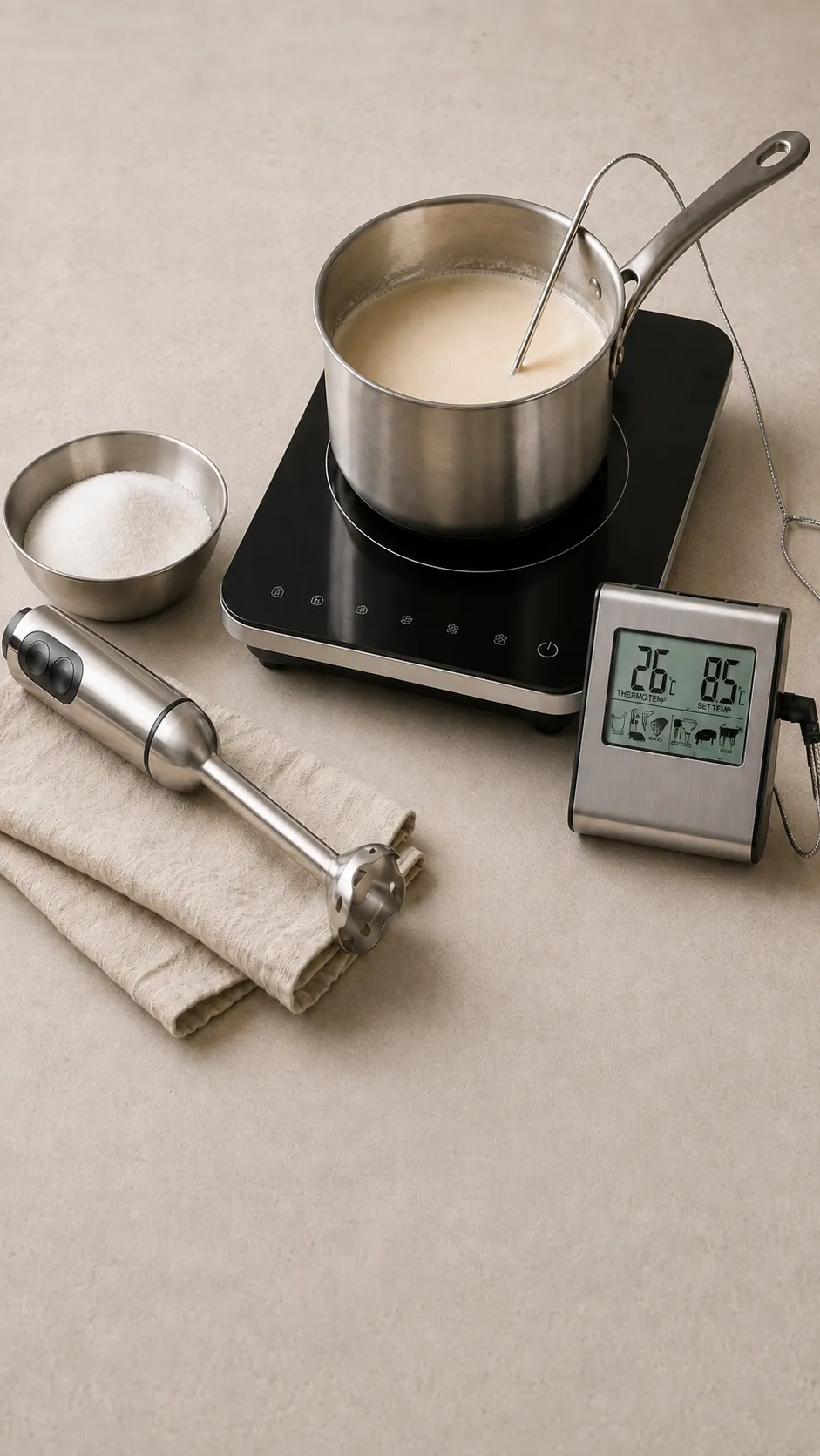 Eismasse beim Pasteurisieren im Topf mit Thermometer, daneben Milch und Zucker
