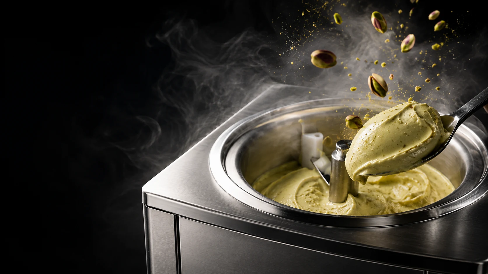 Quenelle de helado de pistacho artesano recién turbinado