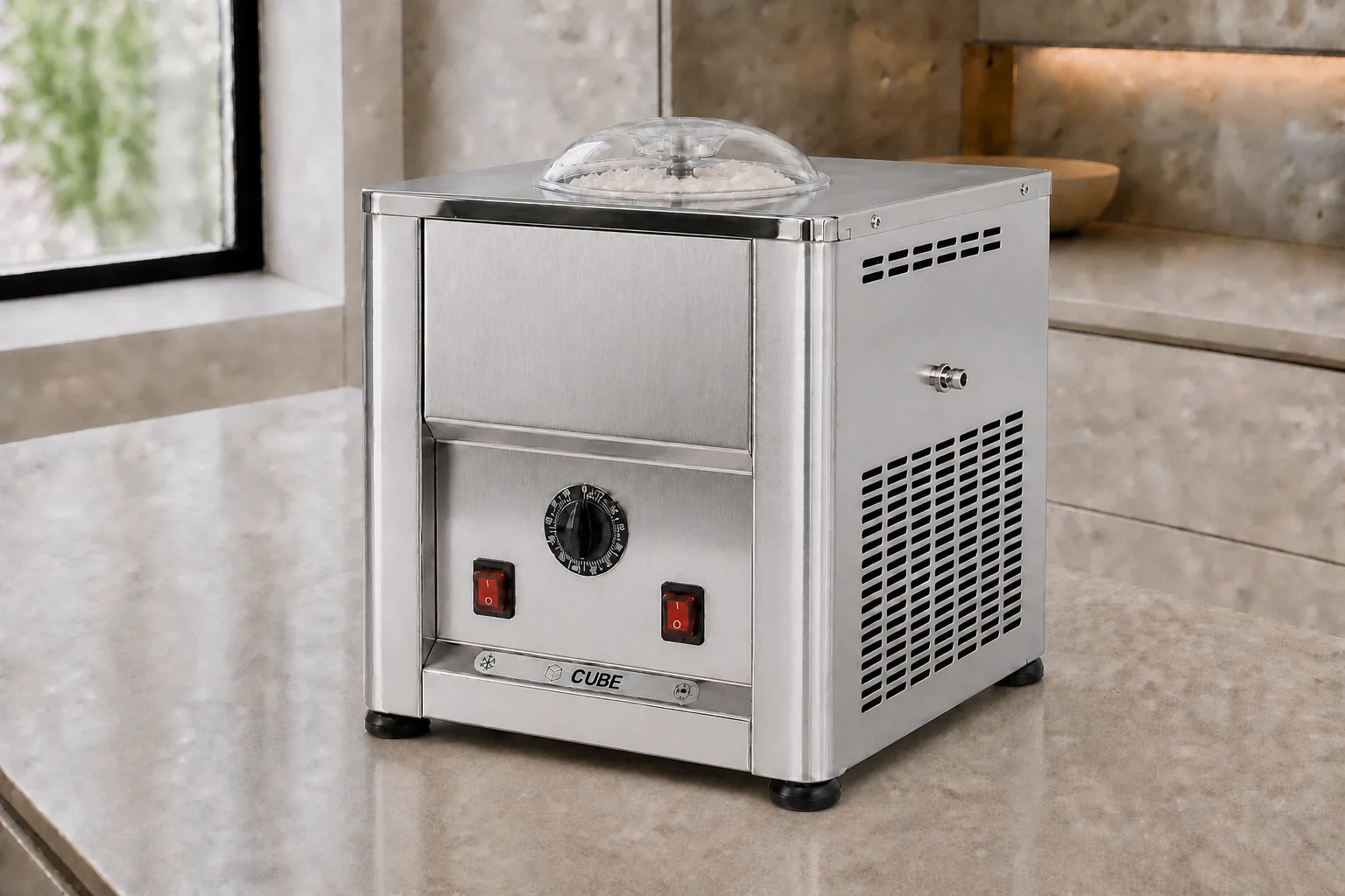 Heladera Cube 1500 con compresor sobre la encimera de una cocina