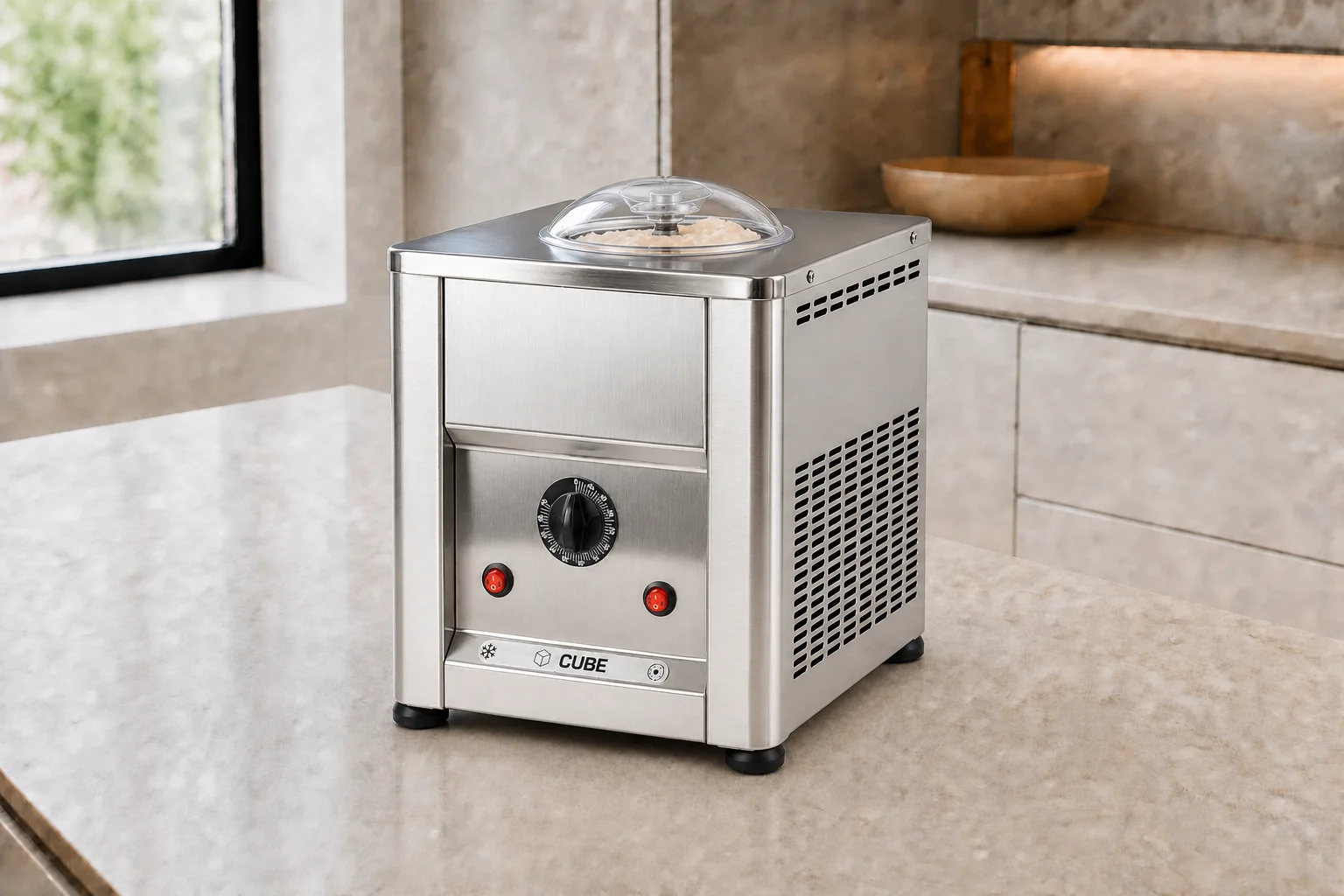 Heladera Cube 750 con compresor sobre la encimera de una cocina