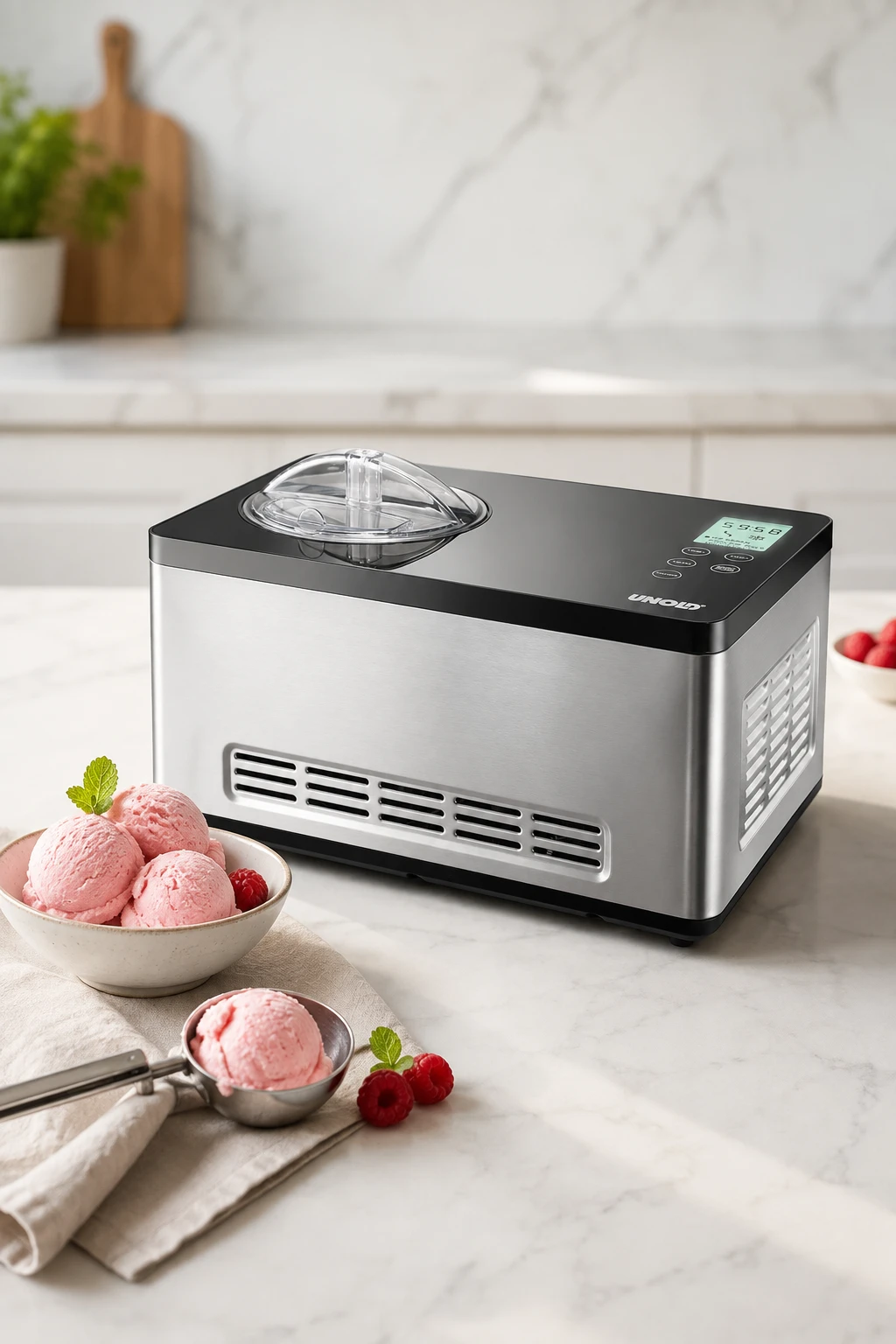 UNOLD 48845 Gusto von schräg oben, daneben eine Schale Himbeereis mit Portionierer und frischen Himbeeren