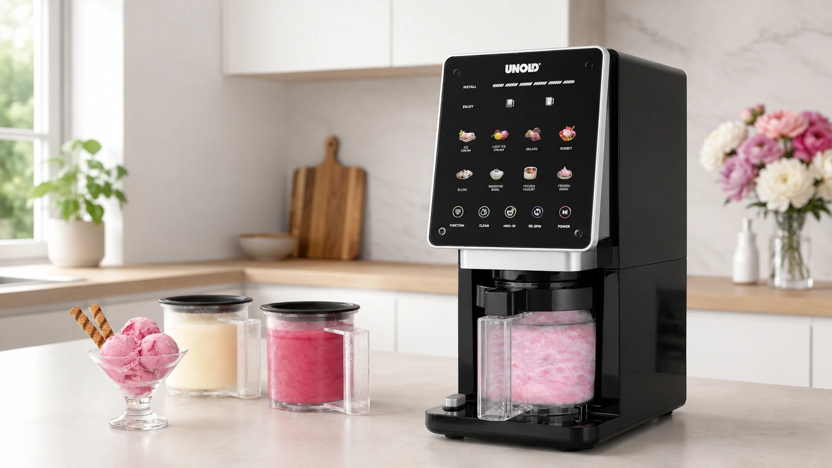 UNOLD 48805 Cream Dream in Schwarz mit Touch-Bedienfeld und acht Programmen, daneben zwei Becher und eine Schale Erdbeereis