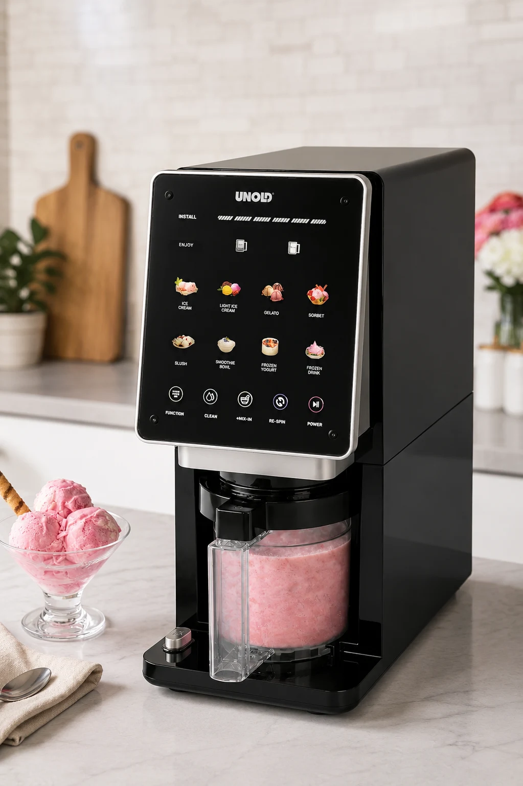 UNOLD 48805 Cream Dream mit eingesetztem Becher Erdbeereis, Bedienfeld mit ICE CREAM, GELATO und SORBET sichtbar