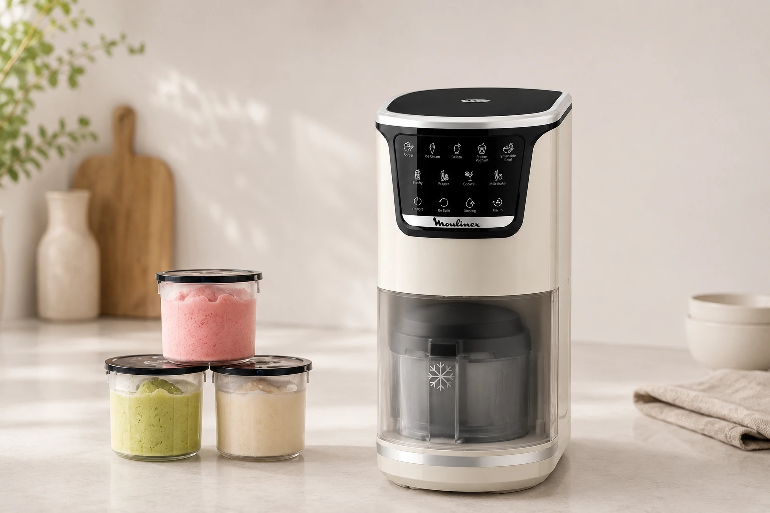 Heladera Moulinex Dolci MJ602A con sus tres tarrinas de Tritan llenas de helado