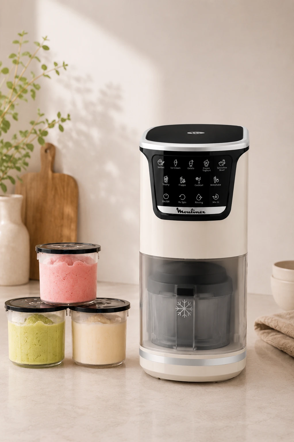 Heladera Moulinex Dolci MJ602A vista de frente, con los tres boles de Tritan apilados