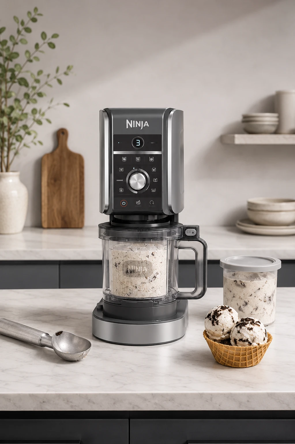 Heladera Ninja CREAMi Deluxe NC502EU vista de frente, con su tarrina de helado de galletas