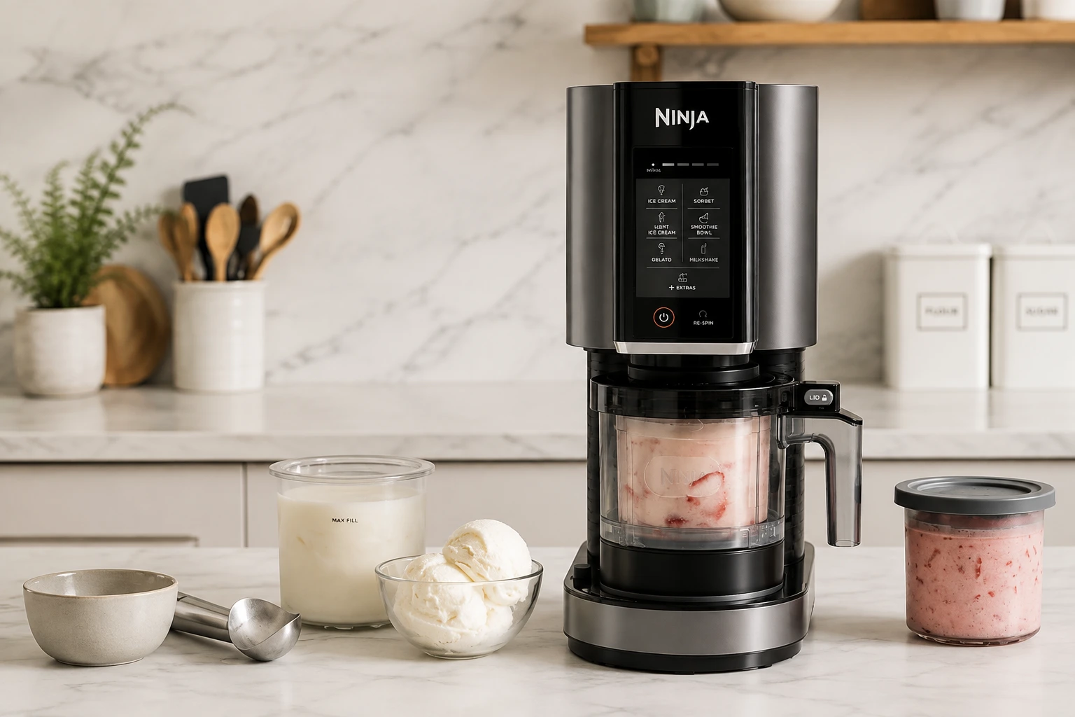 Heladera Ninja CREAMi NC302EU sobre una encimera de mármol, con tarrinas de helado de vainilla y de fresa