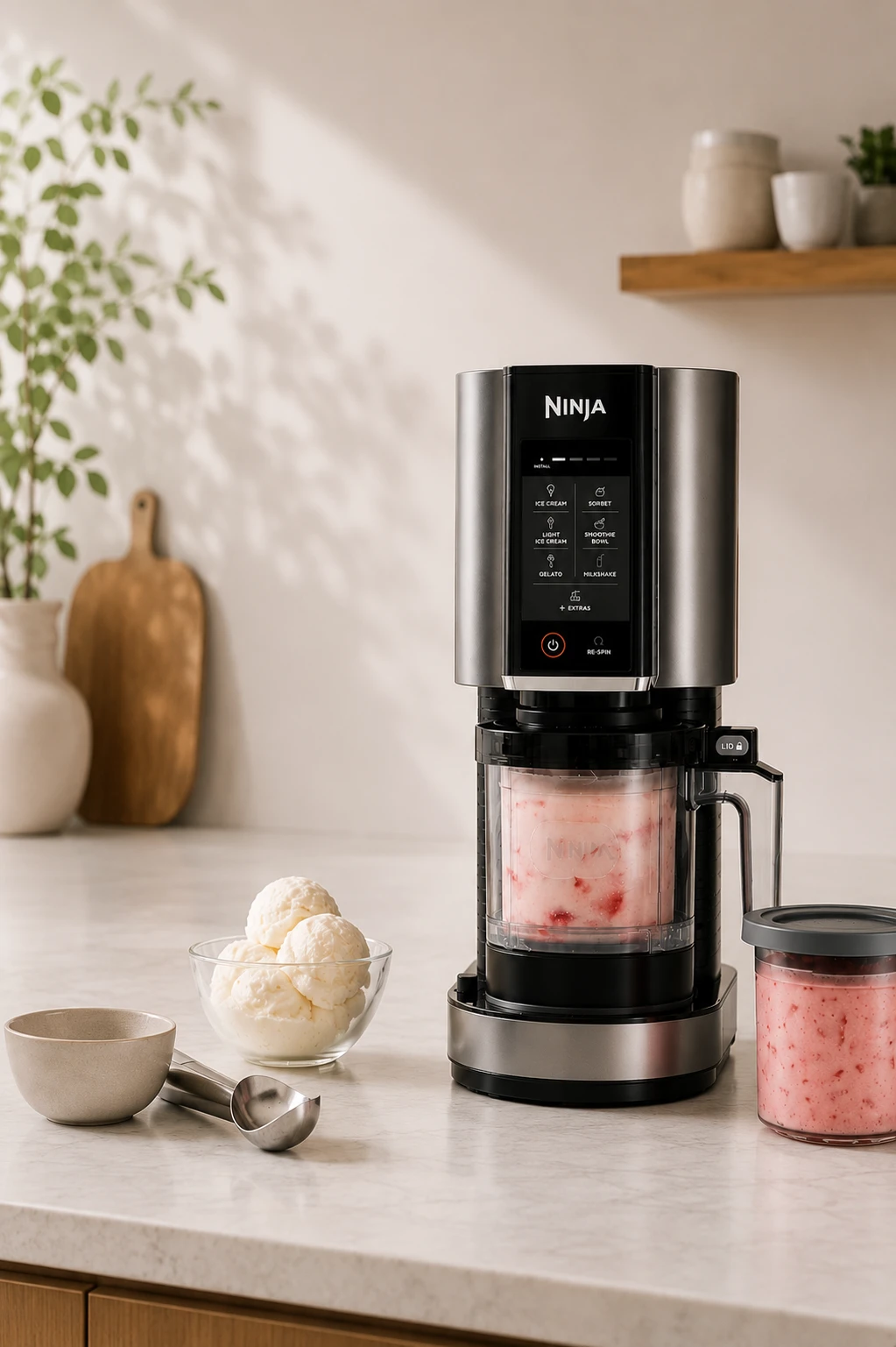 Heladera Ninja CREAMi NC302EU en una cocina clara, con un bol de helado de vainilla y una tarrina de fresa