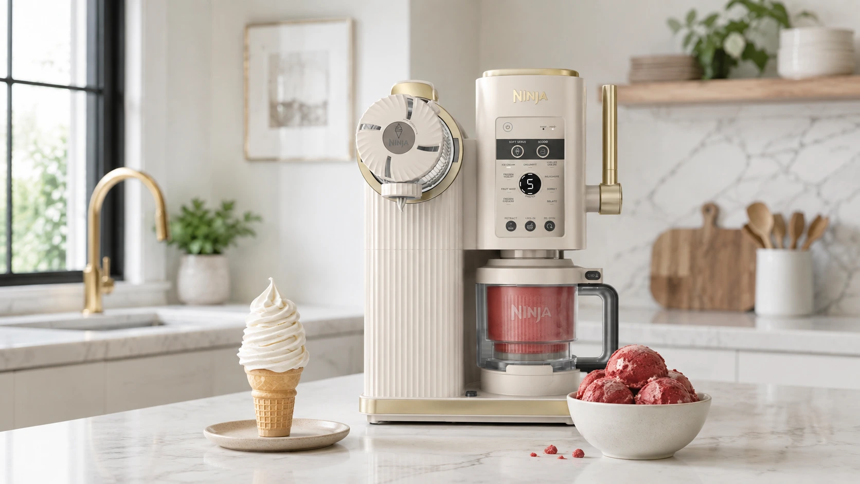 Heladera Ninja CREAMi Scoop and Swirl NC701EUSTGD sirviendo un cucurucho de helado soft