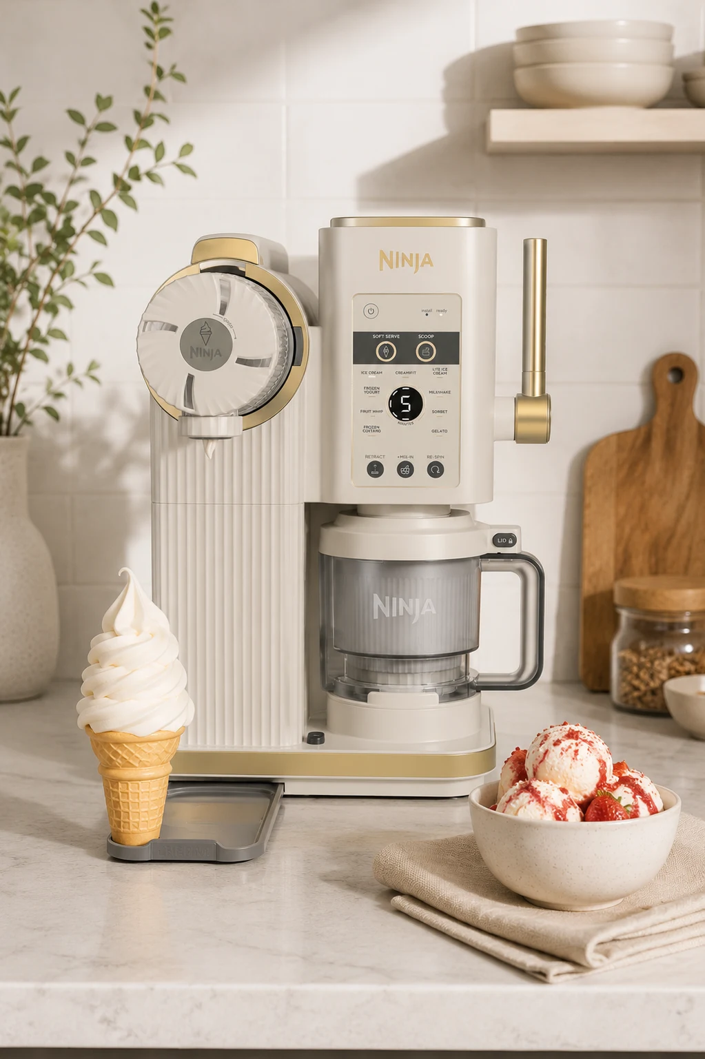 Heladera Ninja CREAMi Scoop and Swirl NC701EUSTGD con la boquilla de servido soft y un cucurucho
