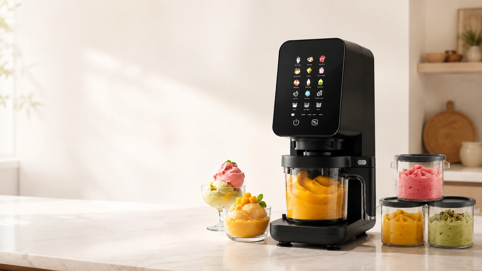 Heladera Taurus Gelato Flow con la tarrina de sorbete de mango y tres tarrinas más al lado