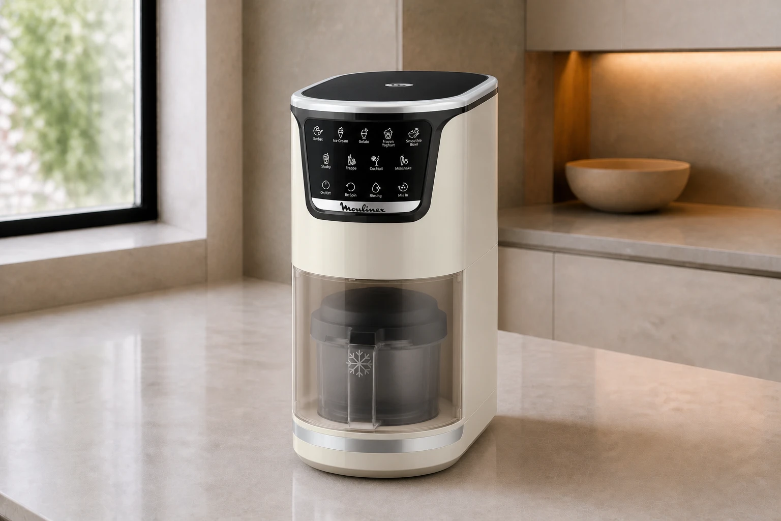 Heladera Moulinex Dolci MJ602A con el bol de Tritan montado en el compartimento