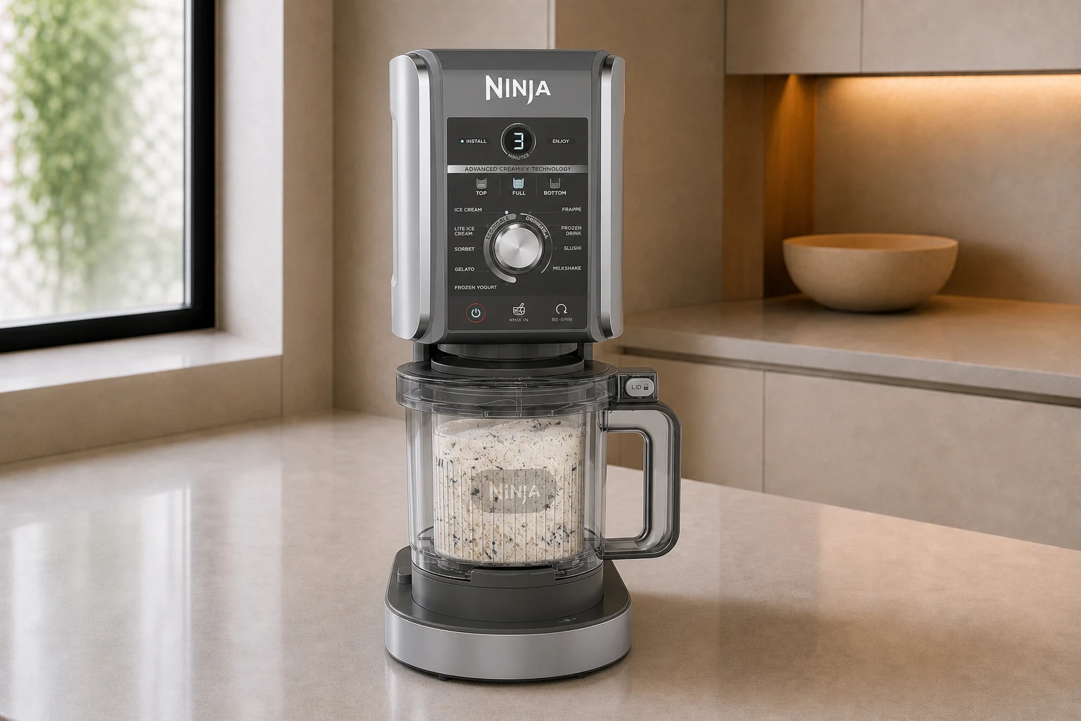 Heladera Ninja CREAMi Deluxe NC502EU con el vaso lleno de helado de galletas recién rasurado