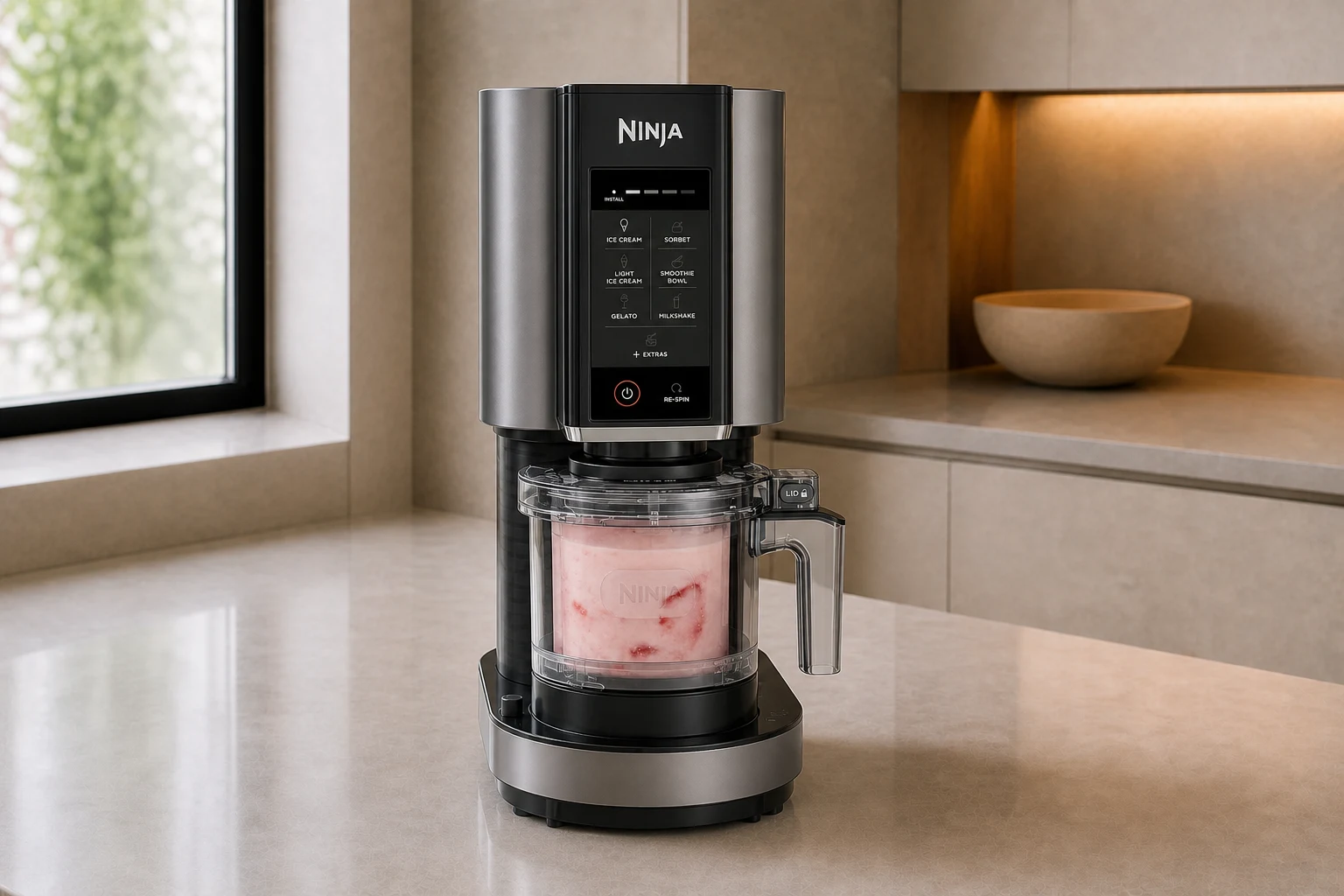 Heladera Ninja CREAMi NC302EU con la tarrina de helado de fresa montada en el vaso