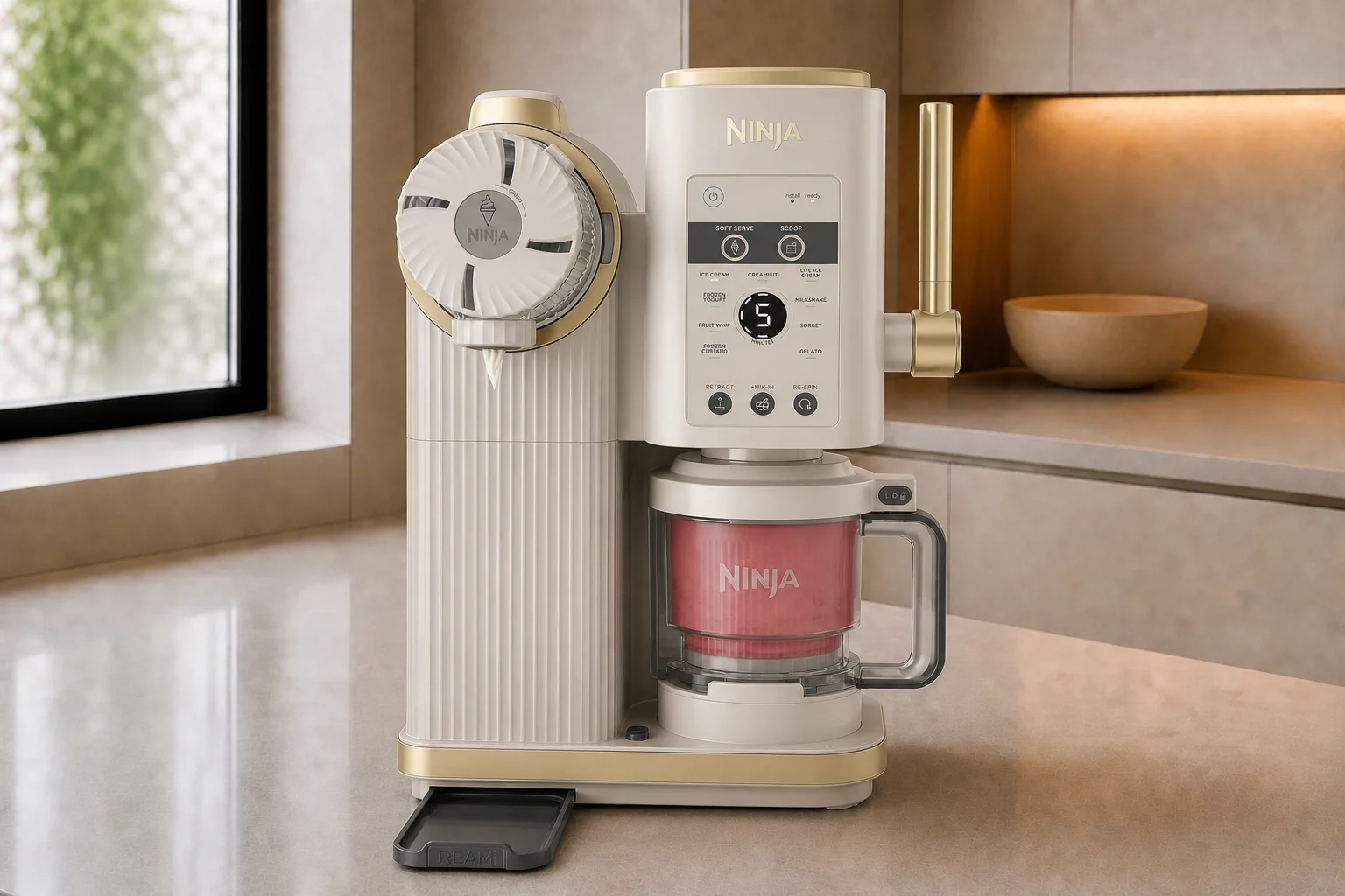 Heladera Ninja CREAMi Scoop and Swirl NC701EUSTGD con la tarrina de sorbete de frutos rojos