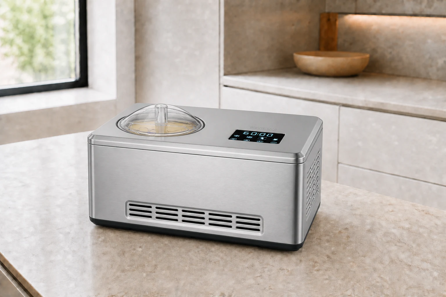 Heladera Severin EZ 7405 con compresor sobre la encimera de una cocina