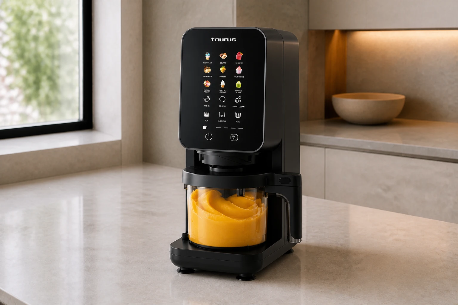 Heladera Taurus Gelato Flow con la cuba llena de sorbete de mango