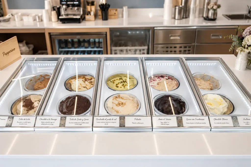 Display case of artisan ice creams at Yon Gallardo in Irun